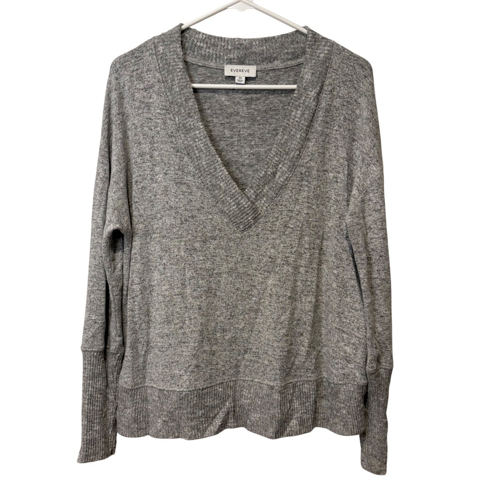 Evereve V-Neck Sweater Women XS Gray Heathered Ribbed Cuff Pullover Cozy Capsule